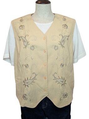 Vintage Koret Country Classics Embroidered Vest Petite Cottagecore Beige Size 12